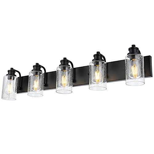 Image of 5-Light Bathroom Light Fixtures, 37 inch Black Bathroom Vanity Light with Seedy Glass Shades, Farmhouse Wall Sconces Lighting for Mirror, Hallway, Bedroom, Living Room