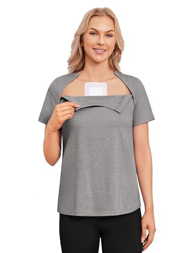 Deyeek Chemo Shirts for Port Access Women Post Surgery Short Sleeve Tear Away Adaptive Clothing Soft Hospital Dialysis Shirt 3XL