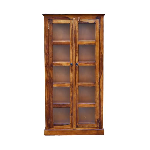 Image of SONA Art & Crafts Wooden Crockery Cabinet with Glass Door | Wooden Book Shelf for Home Library | Bookshelf Crockery Unit for Home & Kitchen Living Room