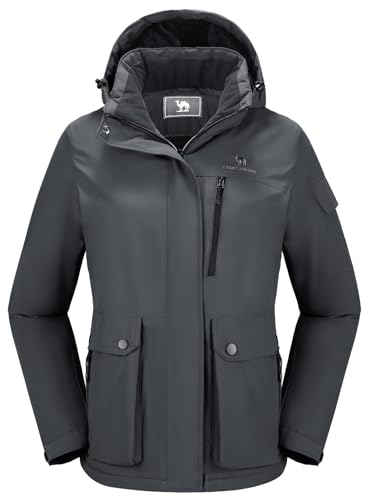 CAMEL CROWN Women's Waterproof Ski Jacket Warm Winter Snow Coat Hiking Windbreaker Hooded Outdoor Snowboarding Jacket Grey L