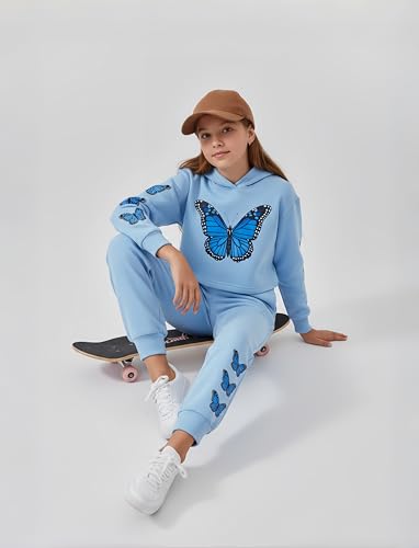 Image of PATPAT Girls Warm Sweatsuit 5-14Y Butterfly Print Hoodies and Sweatpants Clothing Set Tracksuit Fall Outfits Cute Clothes