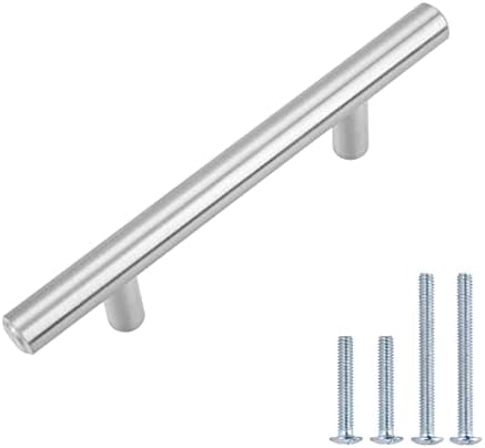 Amazon Basics Euro Bar Cabinet Handle (1/2-inch Diameter), 5.38-inch Length (3-inch Hole Center), Satin Nickel, 10-Pack
