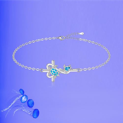 Image of Fenthring Turtle Anklet S925 Sterling Silver Blue Opal Sea Turtle Ankle Bracelets for Women Infinity Wave Ocean Beach Summer Foot Bracelet Jewelry Layered Adjustable