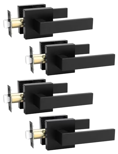 Image of Tinewa 4 Pack Square Black Door Handles Interior, No Lock Passage Door Lever for Left or Right Handing, Heavy Duty Matte Black Closet Door Handle Sets