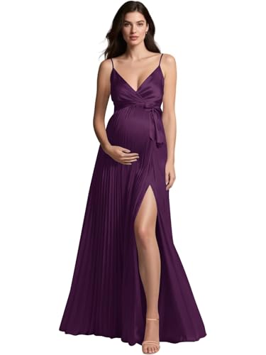 Maternity Dress for Photoshoot with Satin V Neck Slit Long Formal Dresses for Baby Shower