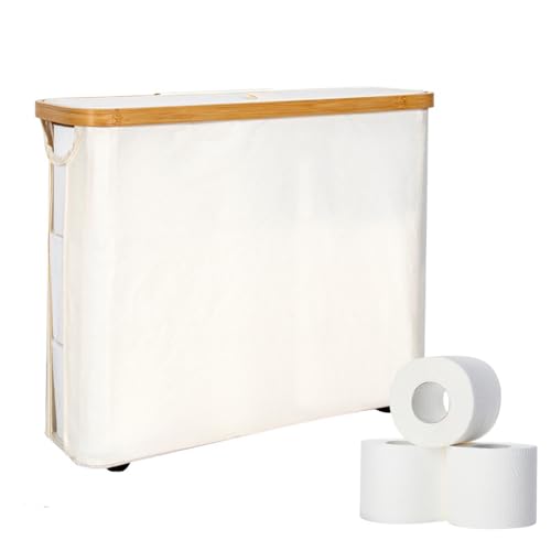 Portarrollos Papel Higienico, Porta Rollos de Papel Higienico para 9-12 Rollos de Papel Higiénico Cesta para Papel Higiénico con Tapa, Cesta de Almacenamiento de Papel Higiénico de Bambú (Beige)