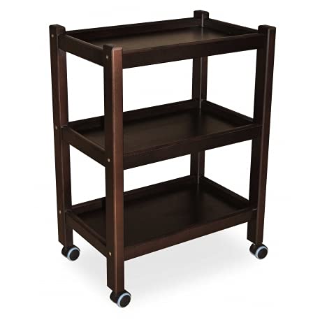 Image of 3-Tier Solid Wood Rolling Bar Cart - Wine Serving Cart with Wheels, Kitchen Storage & Seasoning Rack (Brown Polish, Style 12)