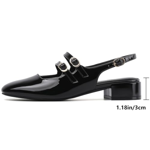 Image of Mostrin Mary Jane Shoes Women Slingback Chunky Low Heels for Women Closed Rounded Toe Ankle Strap Pumps Daily Wedding Party Dress Shoes