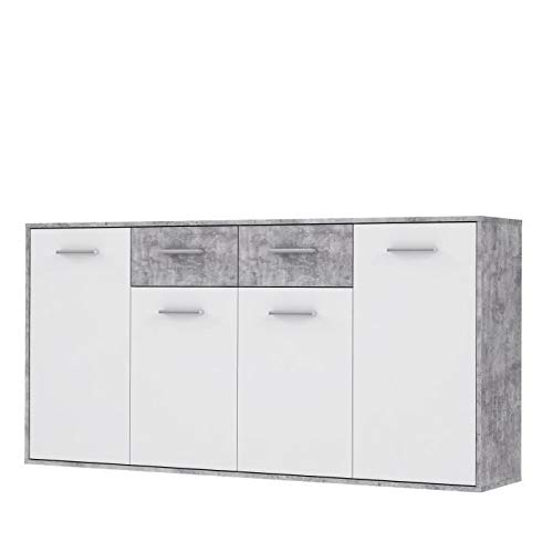 Buffet - BAHUT - Enfilade PILVI Buffet Bas 4 Portes 4 tiroirs - Blanc et Beton Gris Clair - L 162,3 x P 34,2 x H 88,1 cm