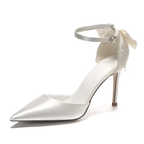 Women's High Heels Strappy Closed Toe Stiletto Pointed Toe Satin Bow Ankle Dress Wedding Party Pumps Shoes