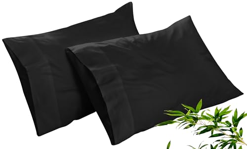 Image of Royale Linens Cooling Pillow Cases Queen Size Set of 2-100% Rayon Derived from Bamboo Cooling Pillowcase for Hot Sleepers - Soft & Silky Pillow Covers with Envelope Closure (Black 20x30 Inches)