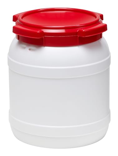 Curtec HDPE Weithalsfass stapelbar wasserdicht temperaturformbeständig bis 80C mit rotem Schraubdeckel Gummidichtung naturweiß 15 Liter