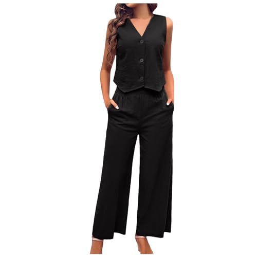 Conjunto casual de algodón de 2 piezas para mujer, chaleco sin mangas con botones, camisa recta, pantalones de pierna ancha, cintura alta, chaleco corto y pantalones largos, traje formal (Black, M)
