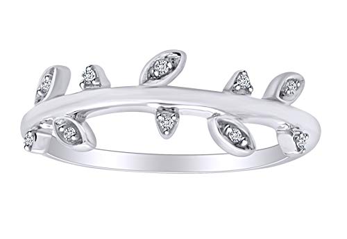 Natural Diamond Accent leaf Wedding Band Ring in 14k White Gold Plated 925 Sterling Silver For Women (1/20 Cttw, I-J Color, I2-I3 Clarity) Ring Size-6