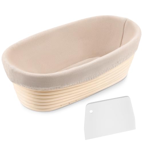 Apasiri Cesto de Fermentación Oval 28cm para Masa Madre, Banneton de Ratán Indonesio Tejido a Mano con Forro de Lino y Rasqueta para Masa, Canasta Profesional para Pan Sourdough