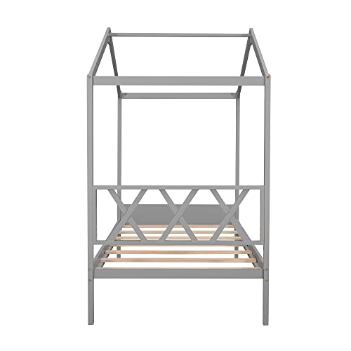 Bellemave Twin House Bed Tent Bed Wood Platform Bed Frame With Storage Space, For Kids Boys Girls Teens Adults – Gray #TOP5