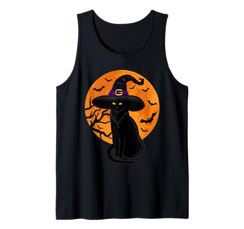 Vintage Scary Halloween Black Cat Costume Witch Hat & Moon Camiseta sin Mangas