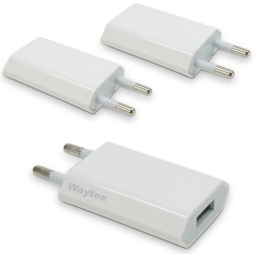 Waytex   Cargador USB (5 V, 1 A, Cargador de Corriente Universal, USB para iPhone, iPad, Smartphone Android, Smartwatch, Tableta, Auriculares, Color Blanco