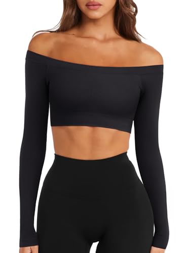 LASLULU Womens Off The Shoulder Tops Seamless Long Sleeve Workout Crop Top Sexy Gym Yoga Going Out Tops Shirts