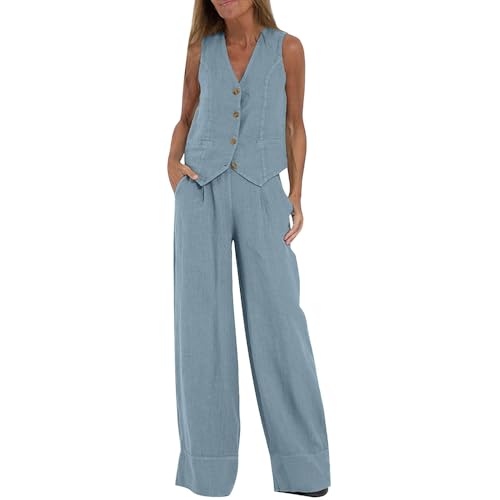 Women's Vest Sets Cotton Linen 2 Piece Set Sleeveless Button down Vest and Wide Leg Suit Pants with Pockets