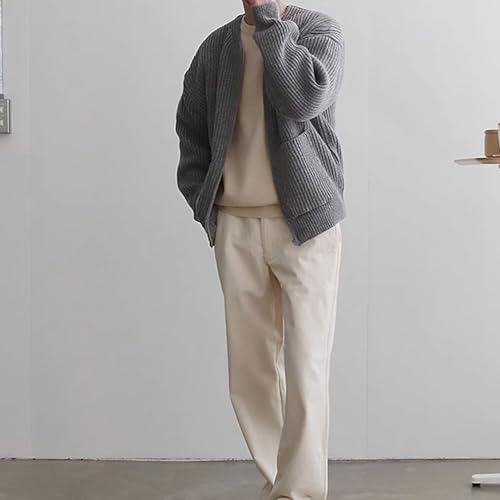 Warm Knitted Sweater Outwear Front Zipper Cardigan Men's Collarless with Closure Pockets Autumn Winter Solid2