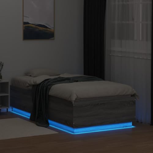 Faroom Holzbett Futonbett Bett 75x190 cm mit LED-Beleuchtung Bettrahmen Holzwerkstoff Einzelbett Doppelbett Bettgestell Grau Sonoma