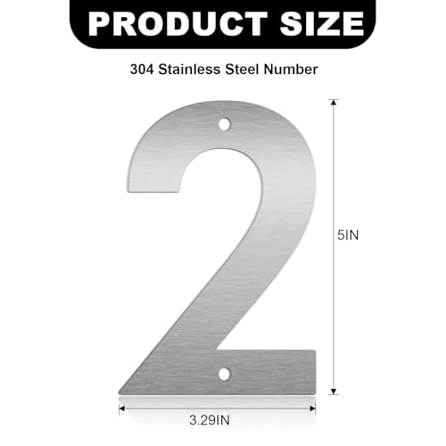 3\" 4\" 5\" 6\" 8\" 10\" Floating House Numbers and Metal Letters for Outdoor Signs, Modern 304 Stainless Steel Silver Address Numbers for Home, Apartment, and Garden Decor (5\", 2)