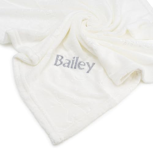Lobeko Personalised Baby Blanket with Name Custom Newborn Blanket Keepsake Soft Fleece 75 x 100cm Embroidered Baby Wrap Embossed Baby Girl Boy Blankets 4 Colours (White)