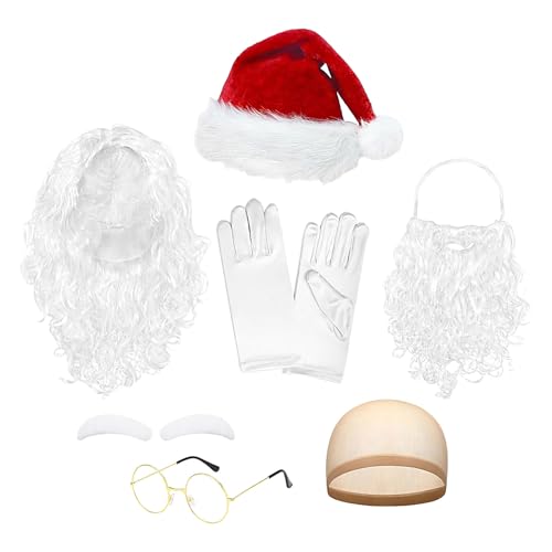 Juego de barba y peluca de Papá Noel, accesorios de disfraz de cosplay de Navidad, juego de pelucas de Papá Noel, suministros de disfraz de fiesta de vacaciones con barba, cejas, sombrero, gafas