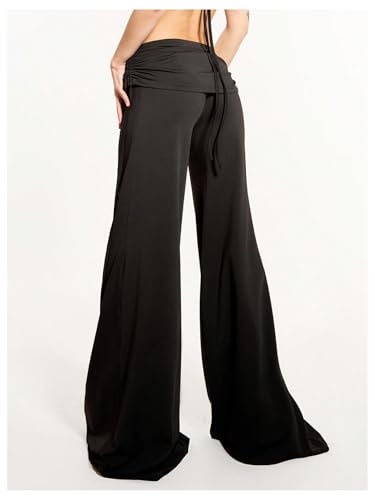MakeMeChic Women's Y2k Wide Leg Ruched Foldover Drawstring Pants Low Waist Palazzo Trousers2