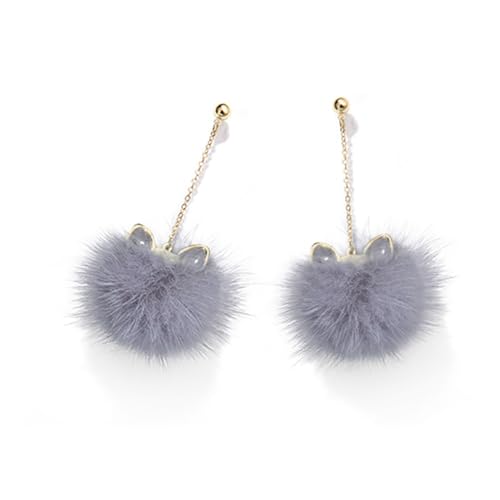 Cute Rabbit Fur Pom Pom Earrings - Faux Fur Ball Fluffy Cat's Ears Long Mink Dangle Drop Earrings - Red, Pink, White - Christmas & Birthday Jewelry Gift for Women & Teen Girls
