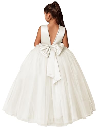 MCieloLuna Flower Girls Dresses for Wedding Satin Tulle Princess Pageant Dress Kids Pearls Prom Ball Gowns with Bow-Knot
