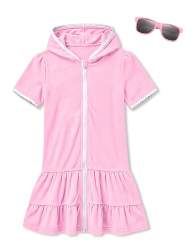Image of BesserBay Girls Summer Beach Quick Dry Cover Up Ruffle Hem Terry Smocked Hooded 4-14 Years with Pockets