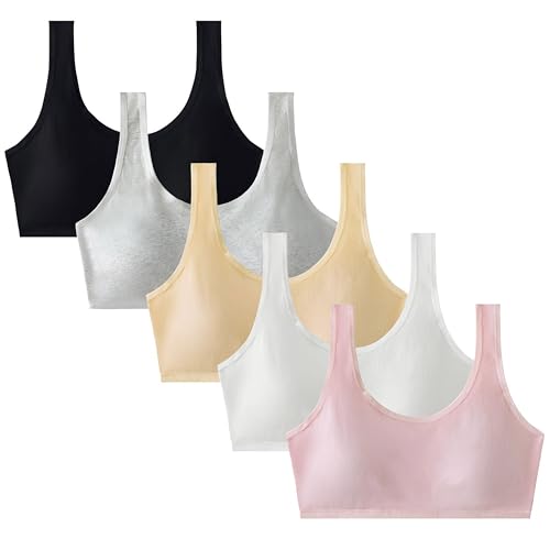 5Pack Big Girls Padded Training Bras,Girls Thin Cotton Breathable Sports Bra Fit