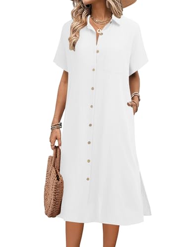 HOTOUCH Dresses for Women Linen Shirt Midi Dresses Beach Casual Short Sleeve Button Down Loose Cotton Summer Beach Collar Dress White