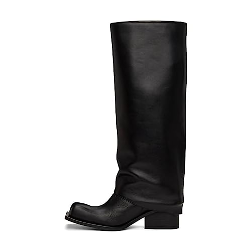 Arqa Women's Fold Over Knee High Boots Square Toe Chunky Heel Metallic Wide Calf Boot Pull-on Riding Boot