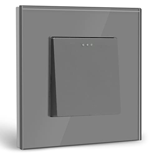 BSEED Light Switch 1 Gang 1 Way Glass Light Switches Screwless 10A Rocker Tactile Wall Switch Grey Crystal Toggle Switch