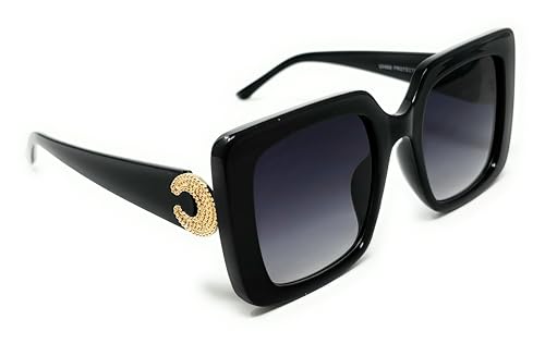 Designer Oversized Square Sunglasses, Gold Accent Temple Detail, Black and Tortoise Shell Frame Options3