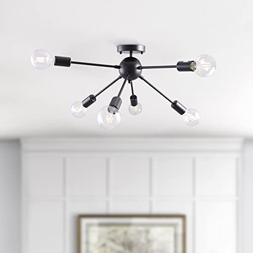 One-Day Sale: Up to 50% Off KOSTOMO 6-Light Sputnik Chandelier Black Light Fixtures Semi Flush Mount Ceiling Light Mid-Century Starburst Ceiling Lamp for Foyer Entry Way Hallway Kitchen Dining Room(Black-6lights)