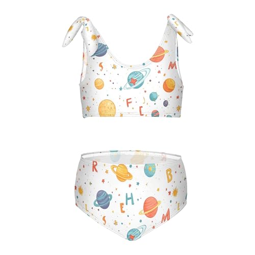 JUNZAN Cartoon Outer Planets Alphabet White Girls Bikinis Cute Elastic 2 Piece Swimwear Preppy Girls Swimming Suits 3T