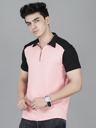 Image of London Hills Men's Loose Fit Half Sleeve Color Block Polo T-Shirt with Zip Collar | Premium Polyester Fabric | T Shirt for Man | Tshirt | Shirts Men | Tshirt for Man | Men T-Shirts