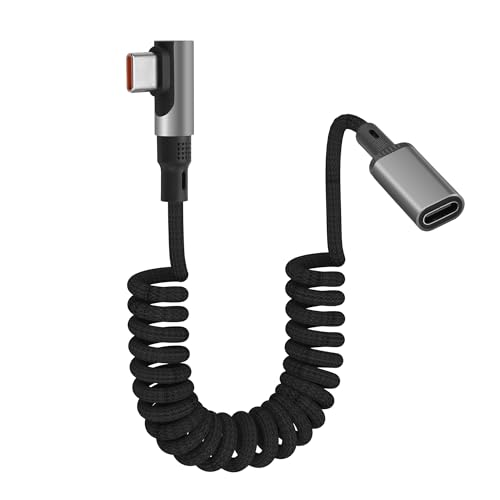 Image of YACSEJAO 90 Degree USB C Coiled Spring Extension Cable 60W 3.2FT Nylon Braided Type-C Male to Female Extender with E-Mark Chip Fast Charging & Data Sync for Laptop,Phone (L-Shaped)