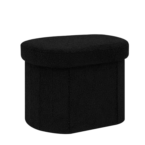 Bonlife Small Ottoman Storage Stool Oval Folding Boucle Footstool Foldable Foot Rest for Living Room Bedroom Dorm 41x31x31cm Black