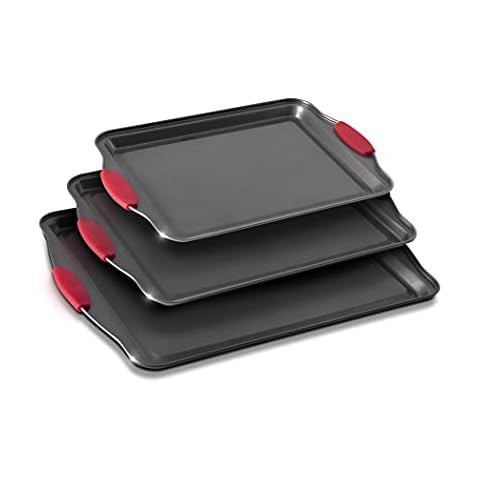 Eternal Living Non Stick Baking Pans Cookie Sheets for Baking with Red Silicone Handles 3pc Set Large, Black Cover
