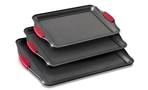 Eternal Living Non Stick Baking Pans Cookie Sheets for Baking with Red Silicone Handles 3pc Set Large, Black