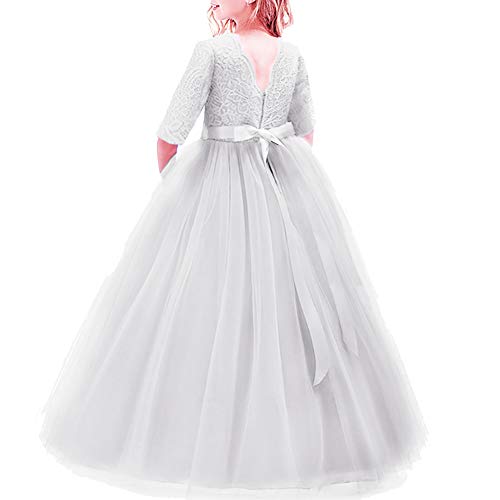 Backless Flower Girl Dress 3/4 Sleeve Lace Wedding Dress First Communion Dress Pageant Maxi Puffy Evening Dance Gown Princess Bridesmaids Dresses for Teens Long Tulle Formal Dress White 9-10 Years