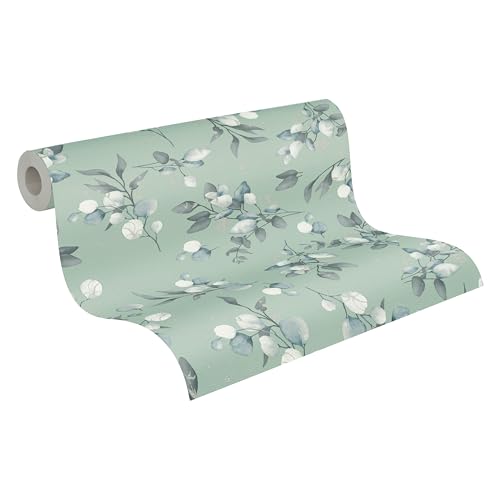 A.S. Création Pure Elegance Vliestapete mit floralem Muster 0,53 x 10,05 m – Grün, Grau, Blau - Tapete mit Blättermotiv Made in Germany - 397687