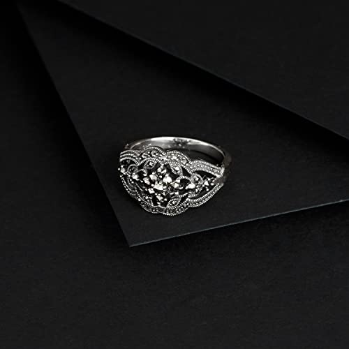 Gemondo Sterling Silver 925 Art Nouveau with Cluster Prong Set Marcasite Filigree Classic Statement Ring Size 5, 6, 7, 8, and 94