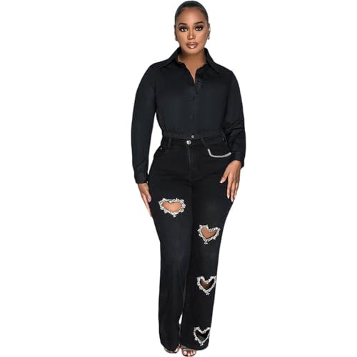 Women's Y2K High Waist Distressed Jeans, Wide Leg, Crystal Heart Details, Light Blue2