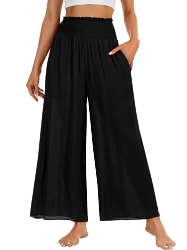 OPOIPIN Women's Smocked High Waisted Lounge Trousers Wide Leg Long Pants with Pockets3